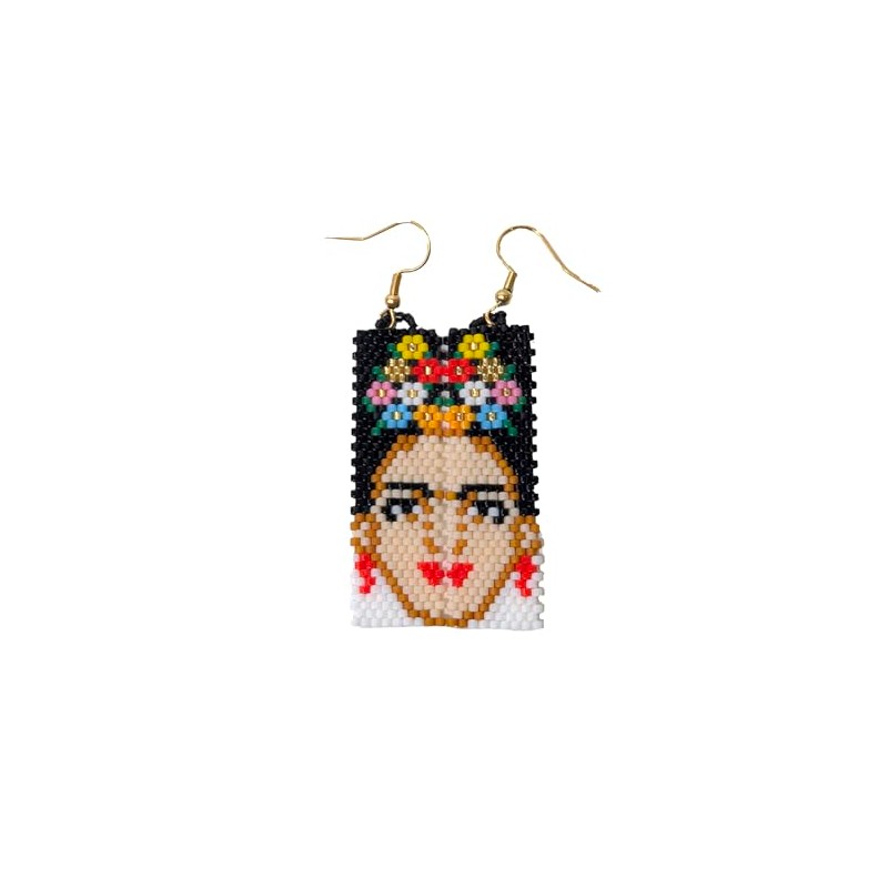 Frida-Inspired Beaded Mexican Folkloric Portrait Artisan Statement Jewelry Dangle Earrings,