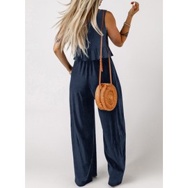 Dokotoo Two Piece Sets for Women Summer Sleeveless Round Neck Tank Tops Matching Sets for Women Pleated Elastic Waist Long Pants Blue Small