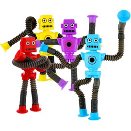 Robot Pop Tube Suction Cup Toys 4PCS, Valentines Day Gift for Kids Toddlers Girls and Boys, Fidget Sensory Toys for Kids with Autism, Toddler Travel & Airplane Activities