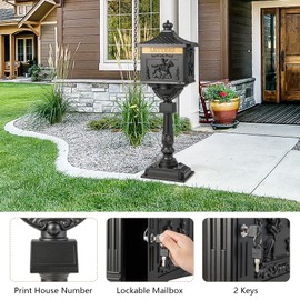 Giantex Cast Aluminum Mailbox with Post - Locking Residential Mailboxes for Outside with Keys, Baffle Door, Expansion Bolts, Address Panel, In-Ground Rust-Proof Large Security Postal Mailbox (Black)