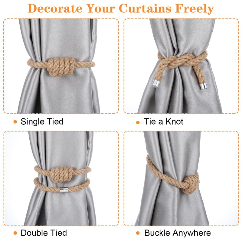 Wanmu 2 Pcs Mini Magnetic Curtain Tiebacks, Boho Jute Curtain