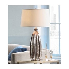 Stella Modern Contemporary Luxury Glam Style Table Lamp 30" Tall Silver Fluted Mercury Glass Creme Drum Shade Decor for Living Room Bedroom House Bedside Nightstand Home Office - 360 Lighting