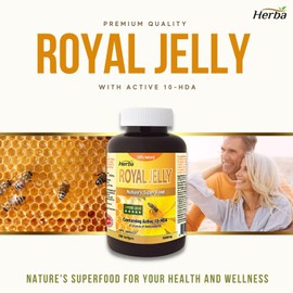 Herba Royal Jelly Capsules 1000mg - 200 Soft Gel | All Natural & Pure Royal Jelly Supplement with 10-HDA (Hydroxy-D-Decenoic Acid) | Source of Antioxidants | Product of Canada | 200 Softgels