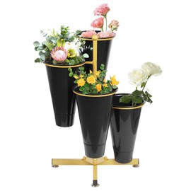 Flower Display Stand with 4 Bucket,Floral Stand with Foldable Frame for Silk Fresh Flowers,4 Tier Florist Shelf Plant Cart for flower shop Garden Living Room,Easy to Install (Gold Shelf+ Black Bucket)