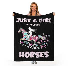 Just A Girl Who Loves Horses Blanket Throw Horse Flower Blanket Girls Horse Gifts Flannel Fleece Ultra-Soft Micro Lightweight Cozy Comfort for Bedroom Couch Sofa 50"x40"