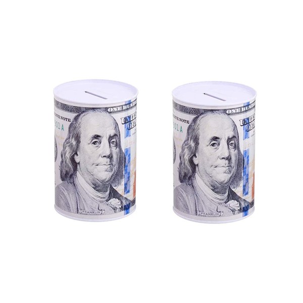 2 Pack $100 Dollar Bill Piggy Bank 6" Tall Coin Saving Money Currency Benjamin Franklin C Note Tin Can Banknote Jar, Coin Bank