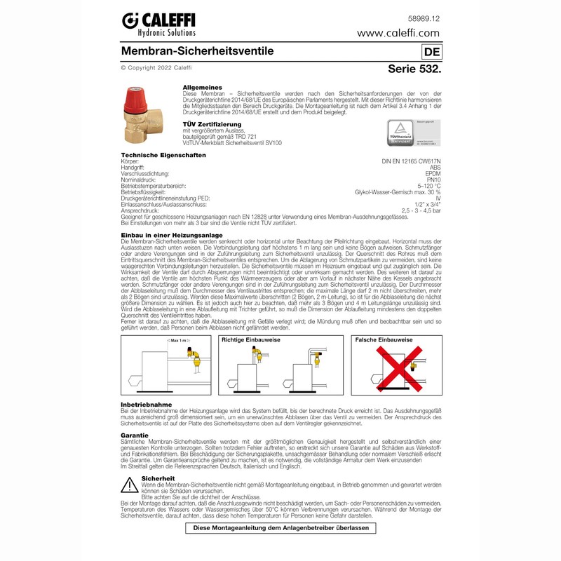 Caleffi 313 - Safety Valve with Pressure Gauge Female-Female 1/2"