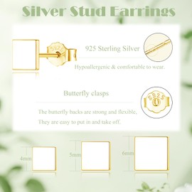 Cangall Silver Stud Earrings for Women, 3 Pairs 925 Sterling Silver Square Stud Earrings Set, Hypoallergenic Earrings Tiny Flat Dot Stud Earrings Gold, 4/5 / 6mm Cartilage Sleeper Stud Earrings