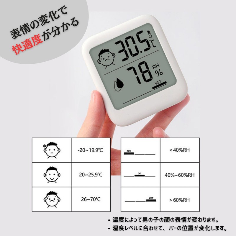 HATUSOKU Digital Thermometer/Hygrometer, Comfort Level Face Display, Thermometer, Hygrometer, Stand,