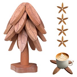 Jynalto Wooden Tree Trivet Set of 4 - Natural Hardwood Coasters with Leaf Texture & Trunk Stand | Foldable Heat-Resistant Kitchen Décor for Hot Pots, Pans, Teapot, Bowls