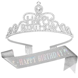 Koudindg Birthday Sash for Women Birthday Crown Adult Woman Tiara for Little Girls Birthdays Decorations for Girls Decorations Tiaras for Girl 30th Birthdays Decorations for Her Silver Crown