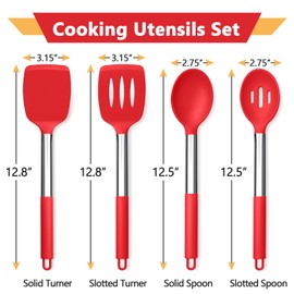 P&P CHEF Red Kitchen Cooking Utensil Set of 4, Silicone Solid Spatulas Slotted Spoons Turners for Non-stick Cookware Flipping Mixing, Heat-proof