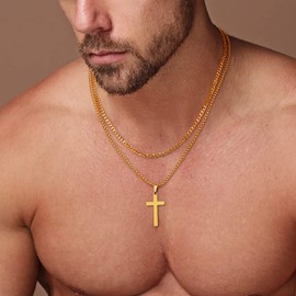 Gold Cross Chain Necklaces for Men, Stainless Steel Cuban Link Cross Mens Chain Necklace Gold Box Chain Cross Pendant Necklace for Men Women Simple Mens Jewelry Mens Chain Cross Necklace 18 Inche