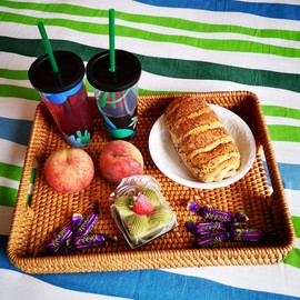 i-lan i-lan 15 Inch Large Size Handwoven Serving Tray, Decorative Rectangular Rattan Basket Bread Trays with Handles and 2.3Wall, Vintage Organizer Plate Wicker Basket Tray for Dessert, Snack, Candy, L