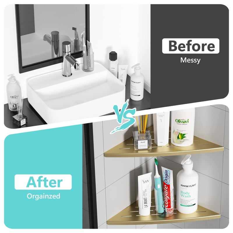Qeke Corner Shower Shelf Brushed Golden, 304 Stainless Steel 11.5”