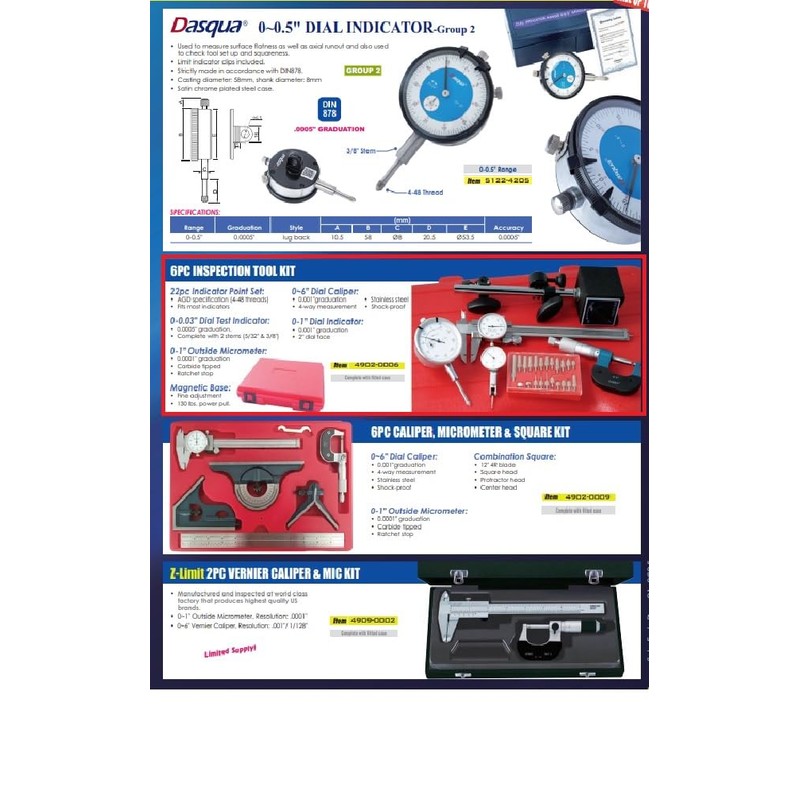 HHIP 4902-0006 6 Piece Inspection Kit Caliper, Magnetic Base, Indicators,