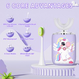 ELOTAME Kids Electric U Shaped Toothbrush Unicorn Rechargeable Sonic Toothbrush with 4 Soft Brush Heads with Kid Toothpaste IPX7 Waterproof - (Age 2-15, Purple)