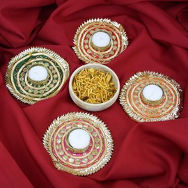 Diwali Gift Rangoli Gota Diya Tea Light Holder Set of 4 - Traditional Decorative Diyas for Festivals & Home Décor