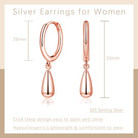 Cangall Silver Drop Hoop Earrings for Women, Sterling Silver Hoop Earrings with Teardrop Dangling, Hypoallergenic Earrings Rose Gold Lightweight Teardrop Charm Dangling Cuff Sleeper Hoop Earrings