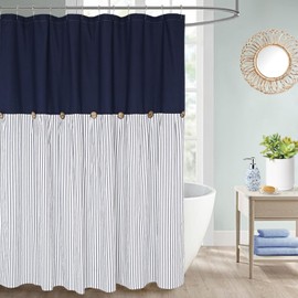 DOSLY IDÉES Farmhouse Navy Blue Shower Curtain for Bathroom,Beige and Navy Stripe,Button Curtain,Cotton Blend Woven Fabric,Rustic Charm Country Chic Style,72x72 in