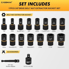 FOCUS AUTO TOOLS 17 PCS 3/8" Drive Impact Bolt and Nut Extractor Socket Set for Removing Damaged