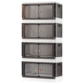 EHAMILY Stackable Storage Bins with Lid Set 4 Pack,8.4 Gal Clear Plastic Folding Storage Box with Wheel,Large Foldable Collapsible Bin Open Front Door,Black (1 Lids)