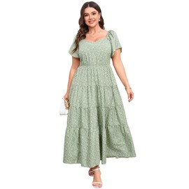 Women's Plus Size Summer Dresses Sweetheart Neck Ruffle Short Sleeve Casual Boho Floral Pleated Long Dress Green Flower