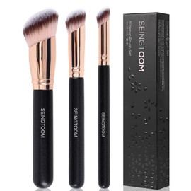 SEINGTOOM Angled Foundation Brush Contour Conceal Brush Set, 3Pcs Angled Synthetic Kabuki Makeup Brush for Face Blush Bronzer Travel Buffing Stippling Contour Powder Liquid Blending