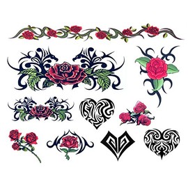 Day of the Dead Tribal Hearts & Roses Temporary Tattoos - Set of 10