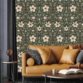 Wookmmy Vintage William Morris Floral Peel and Stick Wallpaper Victorian Green Leaf Art Nouveau Removable Self-Adhesive Vinyl Contact Paper for Bathroom and Bedroom cabinets Wallpaper 17.7"x118"