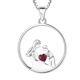 YL Mother and Son Necklace 925 Sterling Silver 12 Birthstone Cubic Zirconia Pendant Necklace Gifts for Mum Women 45-48 cm, 925 sterling silver, Ruby