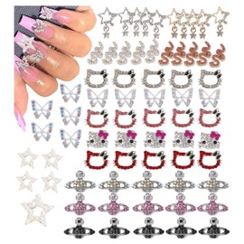 70 PCS Kitty Nail Charms and Gems Gold Nail Charms for Nails Design Butterfly Snakes Star Planet Silver Nail Charms for Acrylic Nails y2k Nail Jewels 3D Nail Supplies for Nail Art by dreamynini