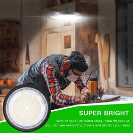 200 W UFO LED Workshop Lamp, 6000 K Cool White UFO LED High Bay Light, 20000 LM Indoor Spotlight IP65 Waterproof Industrial Lamp High Bay Light for Warehouse, Factories, Garage
