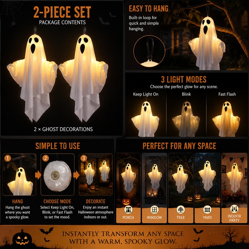 LED Hanging Ghost for Halloween Decor – Light-Up Fabric Horror