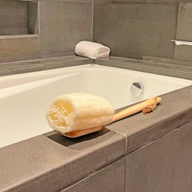 Natural Loofah Exfoliating Bath Brush - Body luffa loofa Sponge On a Stick - Sponge Scrubber with Long Wooden Handle Back Brush for Men & Women - Bath Spa Shower （1 Pack）