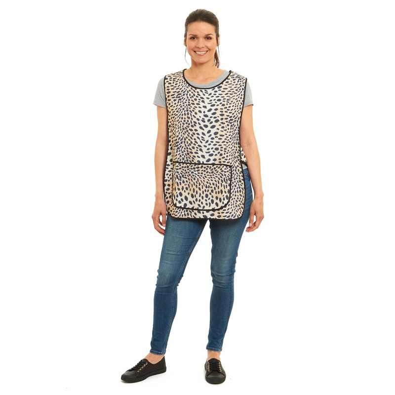 Ladies Leopard Design With Piping Tabard Apron Overalls Front Pocket