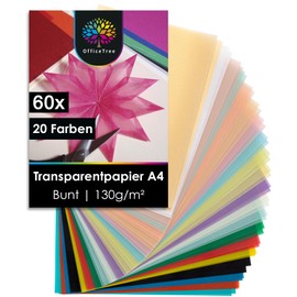 OfficeTree 60 x Transparent Paper Colourful A4 - 20 Colours - 130 g/m² - Extra Strong - Parchment Paper Colourful Including Gold & Silver - Colourful Tracing Paper for Crafts Window Pictures Lanterns
