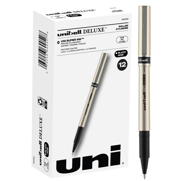 Uniball Deluxe Rollerball Pen, 12 Black Pens, 0.7mm Fine Point Roller Pens| Office Supplies, Ink Pens, Colored Pens, Fine Point, Smooth Writing Pens, Ballpoint Pens