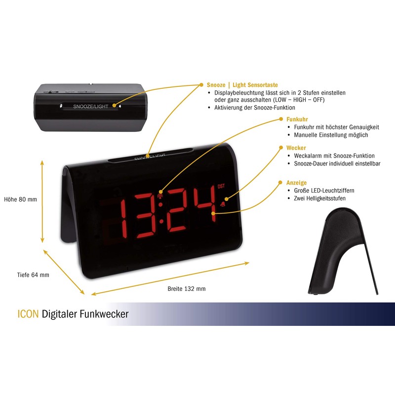TFA Dostmann ICON 60.2543 Digital Radio-Controlled Alarm Clock, Plastic, Black,
