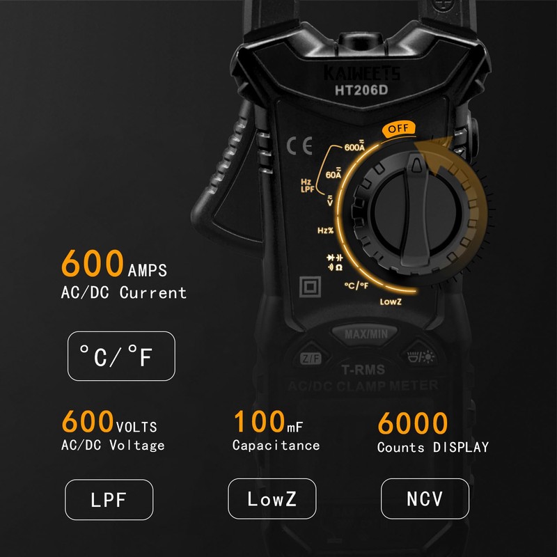 KAIWEETS HT206D Digital Clamp Meter T-RMS 6000 Counts, Multimeter Voltage