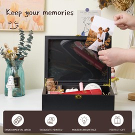 EVA murmure Larger Wooden Memory Keepsake Boxes With Hinged Lids and a photo frame inside the lid - Decorative Storage Box With a Hinge Lids For Picture Letter Time Capsule - 5.3“*8.6”*11.7“ Black