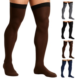 MOJO Men’s 20-30 mmHg Thigh High Medical Compression Stockings w/ Silicone Band – Opaque Support Socks for Varicose Veins, Circulation & Swelling, Brown, Medium