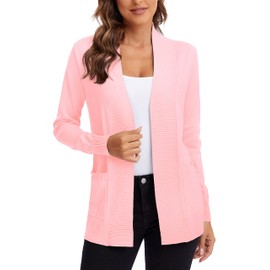 Urban CoCo Women's Lightweight Open Front Knit Cardigan Sweater Long Sleeve with Pocket (Pink, L)