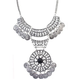 Thkmeet Ethnic Boho Gypsy Antique Bib Chunky Tassel Collar Choker Festival Coin Necklace (Silver)