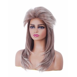 NJJYXH 18 Inches Light Red Brown Mullet Wigs for Women or Men Long Wavy Retro Party Shoulder Length Hair Wig for 60s 70s 80s Rocker Cosplay