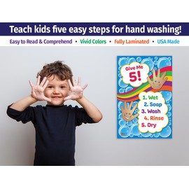 Safety Magnets ZOCO – Give Me 5 Handwashing Poster – Wash Your Hands Sign for Kids – Laminated 12x18 – Preschool, Daycare, School Nurse & Classroom Bathroom Decor