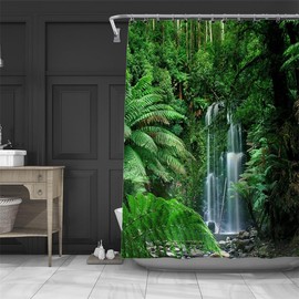Tropical Rainforest Shower Curtain Set, Green Palm Trees Australian Daintree Rainforest Waterfall Nature Jungle Wild Landscape Shower Curtain (72"*72" Curtain)