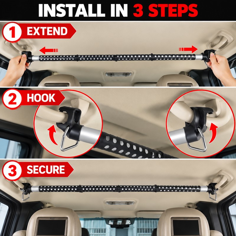 Adjustable Car Clothes Hanging Rod, 35.8-64.4 Inch Retractable Interior Garment