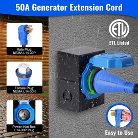 Seeutek 50 Amp Generator Extension Cord 15 Feet Generator Cable 125V/250V 12500W Generator Power Cord NEMA 14-50P/SS2-50R, with Pre-Drilled Power Inlet Box & Generator Interlock Kit, ETL Listed