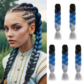 Silk-co 5Bundles 24inch Jumbo Braiding Hair Extensions Afro Box Braids Ombre Synthetic Weaving Hair -Black-Blue-Grey